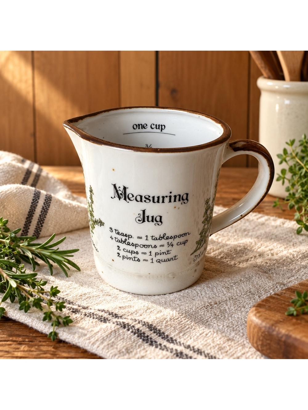 Vintage Ceramic Measuring Jug One Cup Herb Botanical Kitchen Pitcher